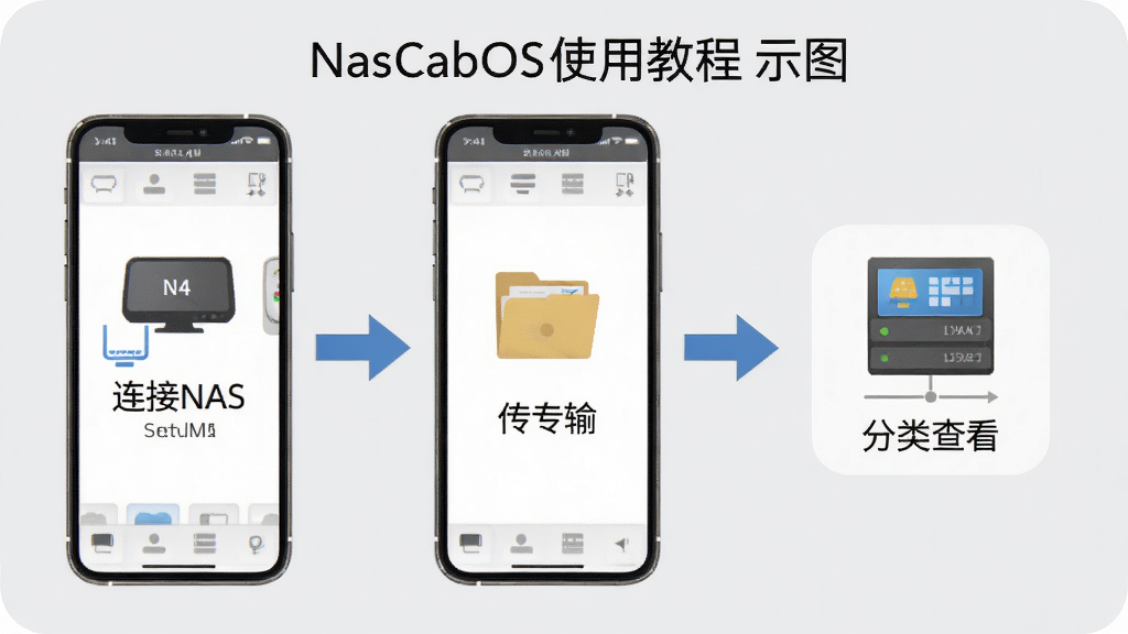 NasCabOS使用教程示意图,画面展示手机操作步骤,包含连接NAS、传输文件、分类查看等流程,步骤用箭头指示,背景为浅灰色,布局清晰,风格教学化,细节完整,画质干净,无多余元素