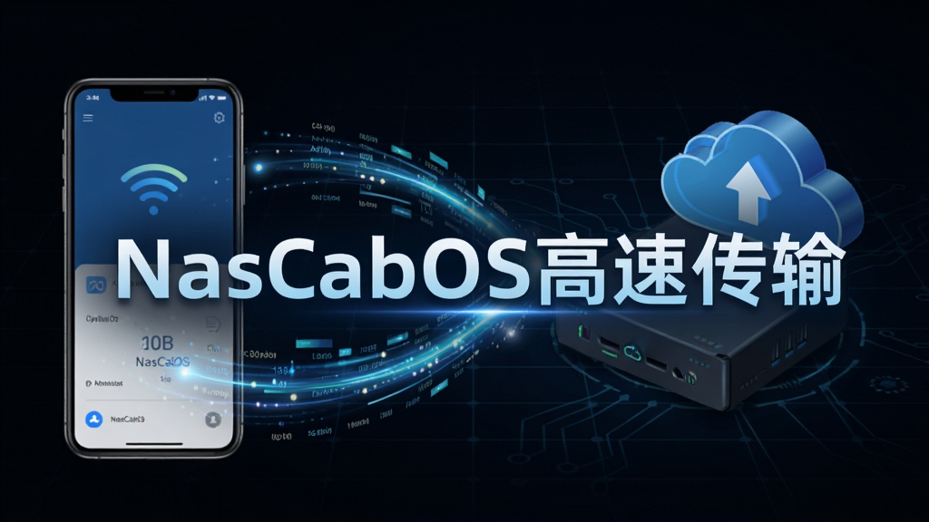 NasCabOS远程传输界面效果图,画面展示手机与云端设备之间的数据流动光效,背景为深色科技感网格,中央显示“NasCabOS高速传输”字样,主体突出,布局动感,风格科技,细节丰富,画质清晰,无多余元素
