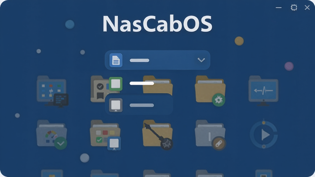 NasCabOS主界面预览图,扁平化设计风格,深蓝色背景,中央展示文件列表图标,上方显示“NasCabOS”白色logo,布局简洁清晰,排版规整,细节圆润,画质高清,干净无多余元素