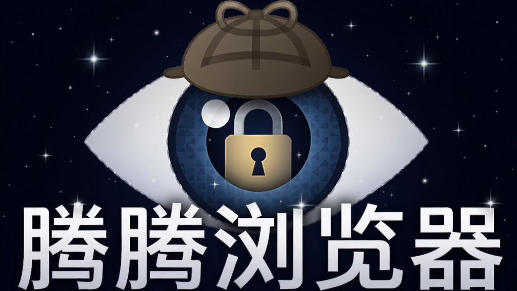 主体为一只带着侦探帽的眼睛图标,背景为深色星空,眼睛中反射出锁的图案,下方排列“腾腾浏览器”字样,布局紧凑,风格神秘安全,细节包含微弱星光闪烁,画质深邃干净,无多余元素。