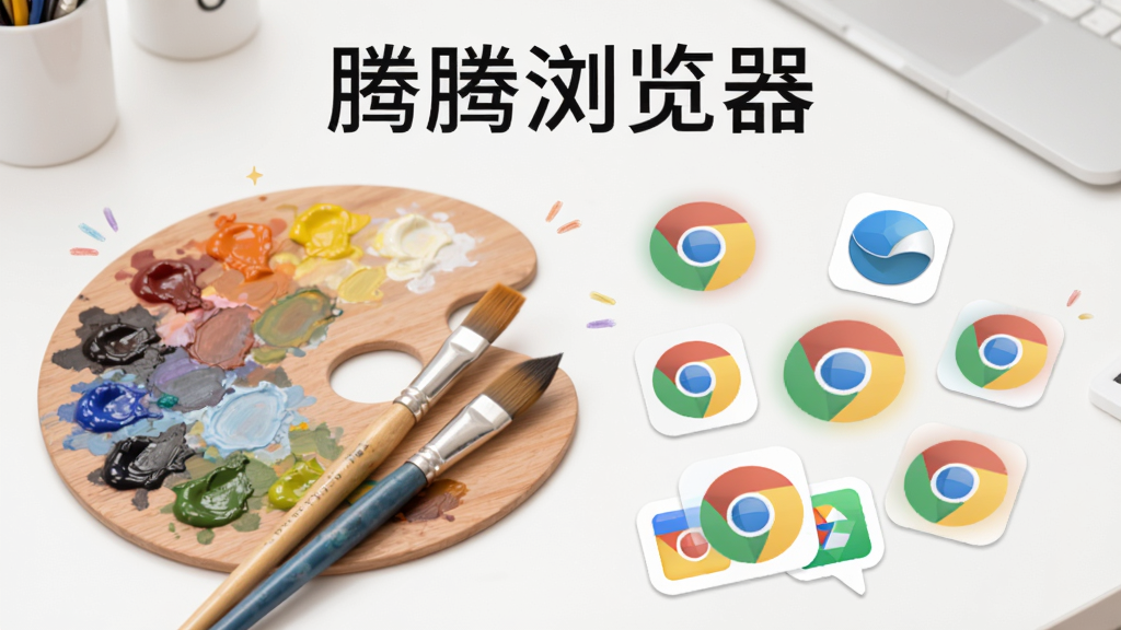 主体为彩色调色板与画笔组合,背景为白色简约桌面,调色板旁散落着各种形状的浏览器图标,上方有“腾腾浏览器”字样,布局轻松自由,风格清新活泼,细节包含色彩渐变效果,画质干净无多余元素。
