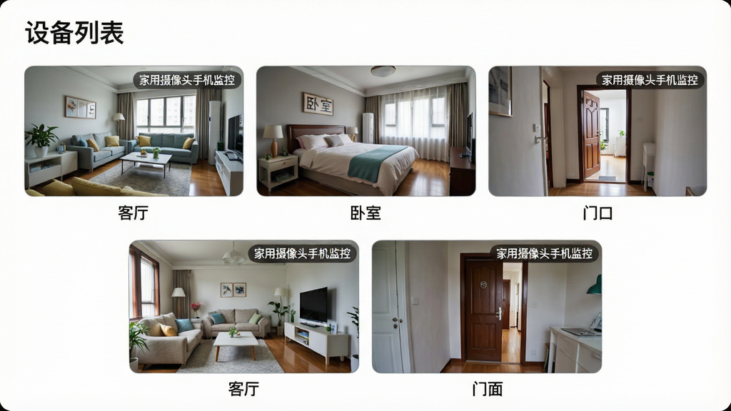 主体:手机App界面展示多摄像头列表,每个摄像头缩略图显示不同房间画面。布局:界面采用宫格布局,第一行三个画面,第二行两个画面。排版:顶部有“设备列表”标题,每个缩略图下方标注“客厅”“卧室”“门口”等名称。风格:扁平化UI设计,色彩清新。细节:画面中每个缩略图角标显示“家用摄像头手机监控”字样,界面流畅。画质:高清,干净,无多余元素。
