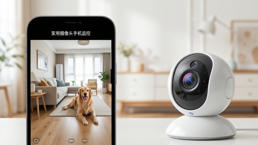 主体:一部智能手机屏幕显示家用摄像头监控画面,画面中有客厅全景和宠物狗,手机旁放着一台小型家用摄像头。布局:手机占据画面左侧,摄像头置于右侧,形成呼应。排版:手机屏幕朝前,摄像头略微倾斜,背景为浅色家居环境。风格:写实科技风,光线明亮柔和。细节:手机屏幕上可见“家用摄像头手机监控”字样,画面清晰流畅。画质:高清,干净,无多余元素。