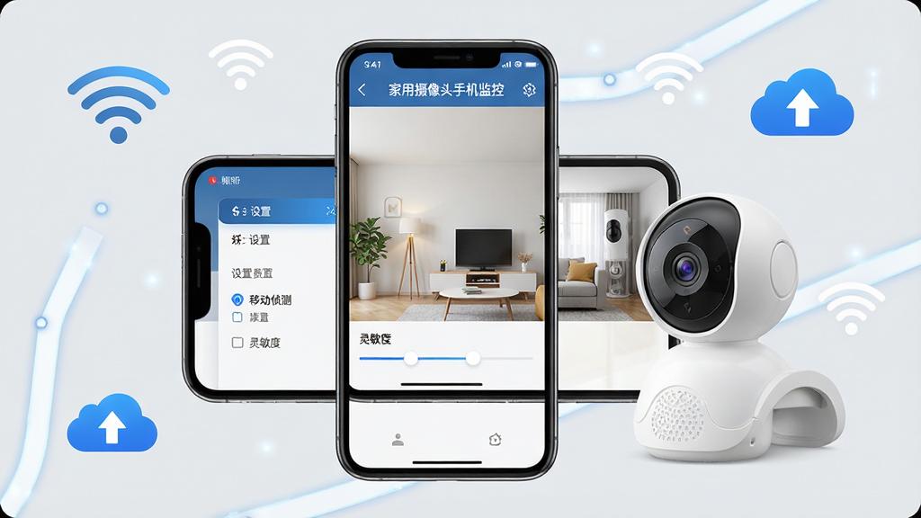 主体:手机屏幕显示家用摄像头监控软件的画面,画面中有设置菜单和移动侦测选项,旁边有一台摄像头。布局:手机位于画面中央,周围有Wi-Fi图标和云存储图标点缀。排版:手机屏幕朝上,界面元素清晰可见。风格:科技感,背景为浅灰色。细节:屏幕上有“家用摄像头手机监控”字样和灵敏度调节滑块。画质:高清,干净,无多余元素。