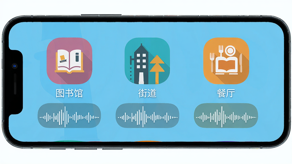SmartHearLd 智能环境识别功能示意图,手机屏幕展示不同场景的图标,包括“图书馆”、“街道”、“餐厅”,每个图标下方有对应的音频波形图,界面风格扁平化,色彩明快,突出智能识别的过程,高画质,干净无多余元素
