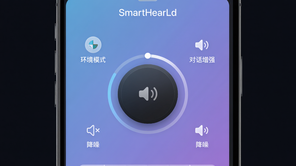 SmartHearLd 应用主界面,展示其简洁的听力增强控制面板,手机屏幕中央显示一个圆形的音量调节旋钮,周围环绕着“环境模式”、“对话增强”、“降噪”等功能图标,背景为柔和的蓝紫色渐变,整体风格现代、干净,充满科技感,高画质,干净无多余元素