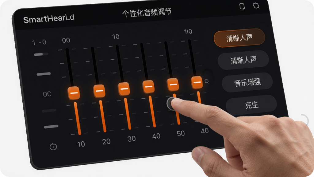 SmartHearLd 个性化音频调节界面,展示一个精细的10段均衡器,用户用手指拖动滑块调节,界面背景为深色,滑块带有明亮的橙色高亮,旁边有“清晰人声”、“音乐增强”等预设模式按钮,风格专业且直观,高画质,干净无多余元素