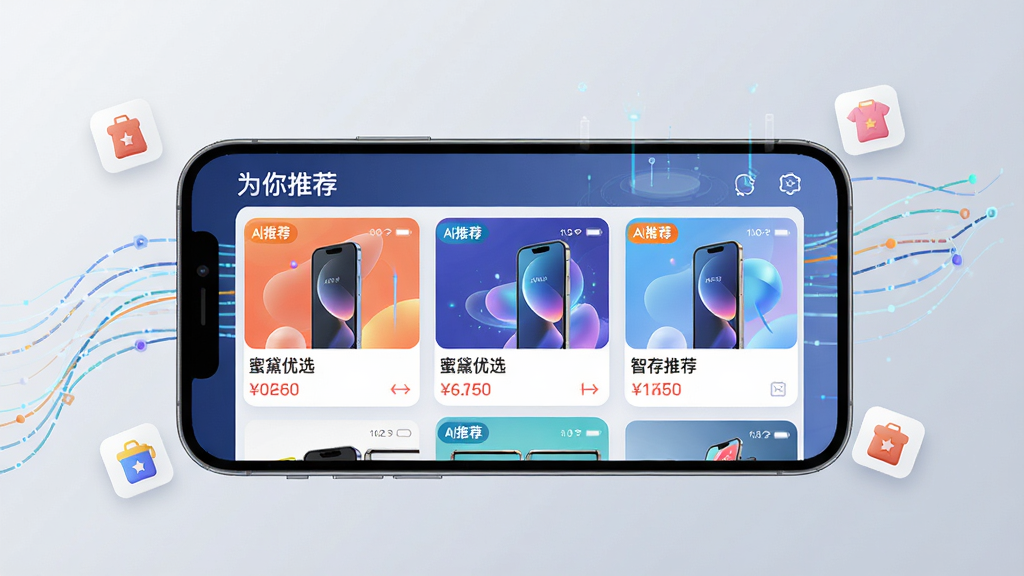 主体:手机横屏展示“蜜黛优选”APP的智能推荐页面,页面顶部有“为你推荐”字样,下方是瀑布流商品卡片。布局:手机位于画面中央,背景为浅灰色渐变,周围漂浮着几个商品小图标。排版:推荐商品以大图卡片形式排列,每张卡片下方显示商品名称和价格。风格:科技感与现代感结合,色彩明快,突出智能推荐主题。细节:卡片上有“AI推荐”小标签,背景有数据流动的线条装饰。画质:高清渲染,干净,无多余元素。