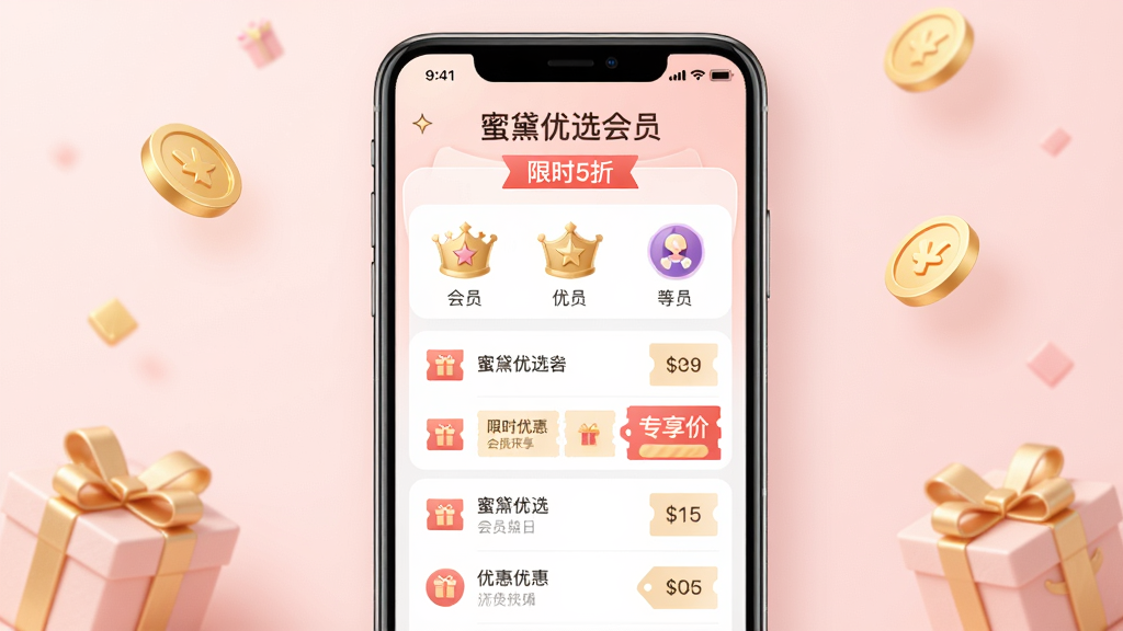 主体:展示“蜜黛优选”APP的会员权益页面,页面中有会员等级图标、优惠券样式和“专享价”标签。布局:页面截图居中放置在浅粉色背景上,周围点缀金币、礼物盒等元素。排版:会员权益以列表形式呈现,每项权益配有小图标。风格:温馨、精致,色彩柔和,突出会员尊享感。细节:页面顶部显示“蜜黛优选会员”,下方有“限时5折”等字样。画质:清晰细腻,干净,无多余元素。