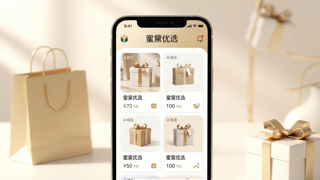 主体:智能手机屏幕展示“蜜黛优选”APP界面,屏幕上显示各类精选商品图片和“蜜黛优选”品牌标识。布局:手机居中,屏幕内容清晰可见,周围有柔和的光影和少量装饰性元素如购物袋、礼盒。排版:手机屏幕为视觉中心,商品卡片排列整齐,品牌名称“蜜黛优选”置于屏幕上方。风格:现代简约、清新明亮,色调以暖白和淡金色为主,突出品质感。细节:屏幕中商品图片高清,界面图标精致,背景虚化处理。画质:超高清渲染,干净,无多余元素。