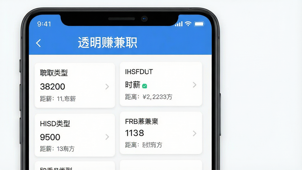 透明赚兼职应用主界面预览图,展示手机屏幕中应用首页的兼职列表,采用简洁的扁平化设计风格,顶部为应用名称“透明赚兼职”字样,下方排列着多个兼职卡片,卡片上清晰标注兼职类型、时薪和距离,整体色调以白色和蓝色为主,界面干净整洁,画质高清,无多余元素