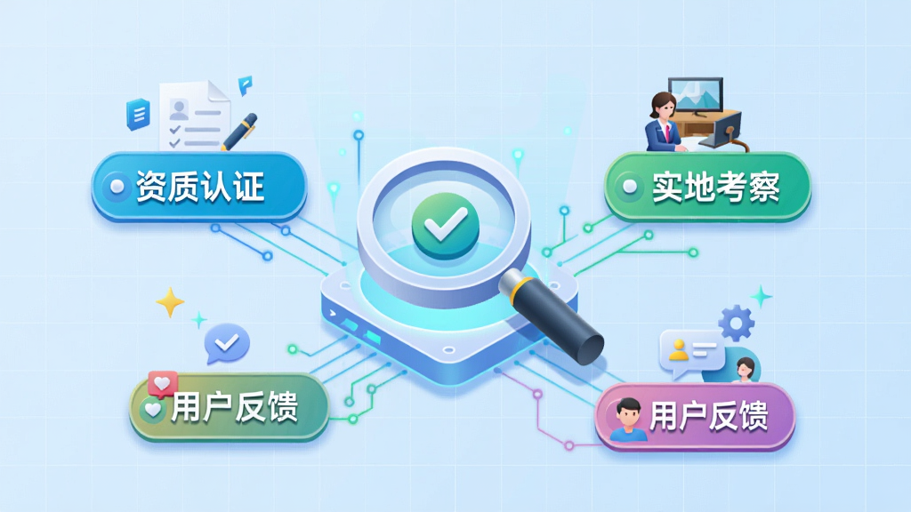 透明赚兼职信息审核流程图,画面中央为放大镜图标,周围环绕着多个验证标签,如“资质认证”“实地考察”“用户反馈”,背景为浅蓝色网格,整体风格为科技感插画,色彩明亮,细节丰富,画质清晰,干净无多余元素