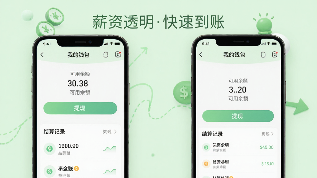 透明赚兼职薪资透明展示图,画面为手机应用中的“我的钱包”页面,显示可用余额、提现按钮和结算记录列表,背景为淡绿色,有“薪资透明快速到账”的标语,整体风格清新简洁,画质清晰,无多余元素
