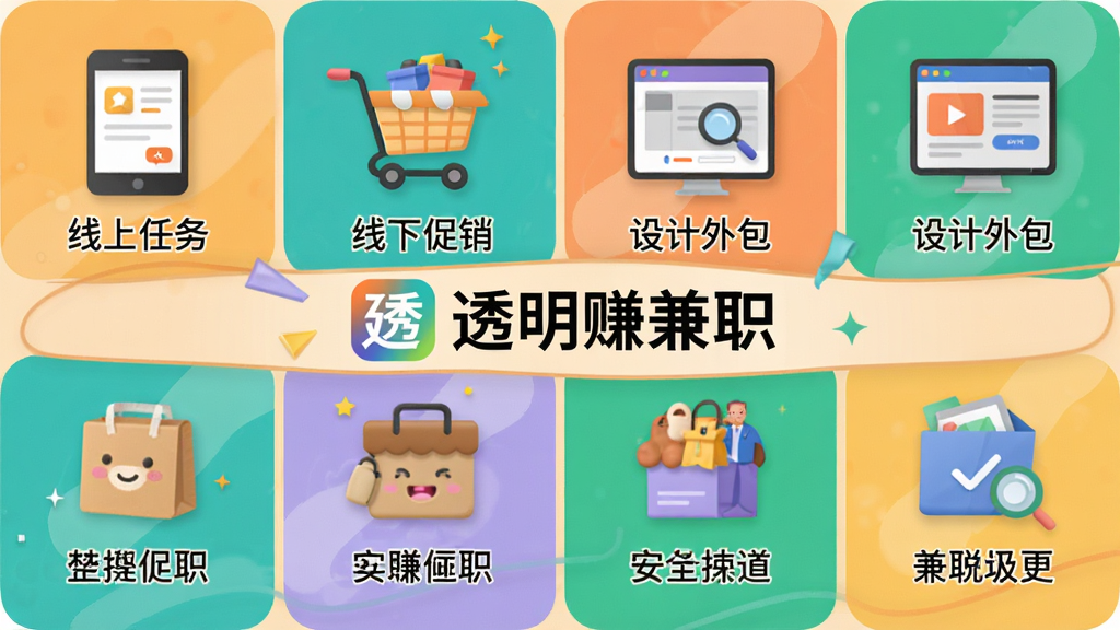 透明赚兼职兼职分类展示图,画面为八宫格图标排列,每个图标代表一种兼职类型,如“线上任务”“线下促销”“设计外包”等,中央为“透明赚兼职”Logo,背景为浅橙色,整体风格活泼明快,画质高清,干净无多余元素