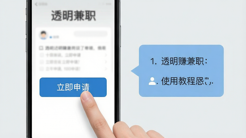 透明赚兼职使用教程示意图,画面为手机界面操作演示,手指点击“立即申请”按钮,旁边有步骤提示框,背景为浅灰色,整体风格简洁明了,画质清晰,无多余元素