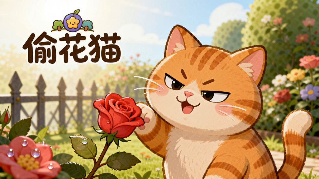 主体:一只憨态可掬的橘猫正偷偷用爪子摘一朵红色玫瑰花,背景是阳光明媚的欧式花园,花园里有各种颜色的花朵和绿色灌木,布局采用中心构图,猫咪在画面中央偏右,左上方留白用于放置标题“偷花猫”,排版上方为游戏Logo,下方为猫咪偷花场景,风格为清新手绘卡通,细节包括猫咪狡黠的眼神、花瓣上的露珠、栅栏的影子,画质高清干净,无多余元素。