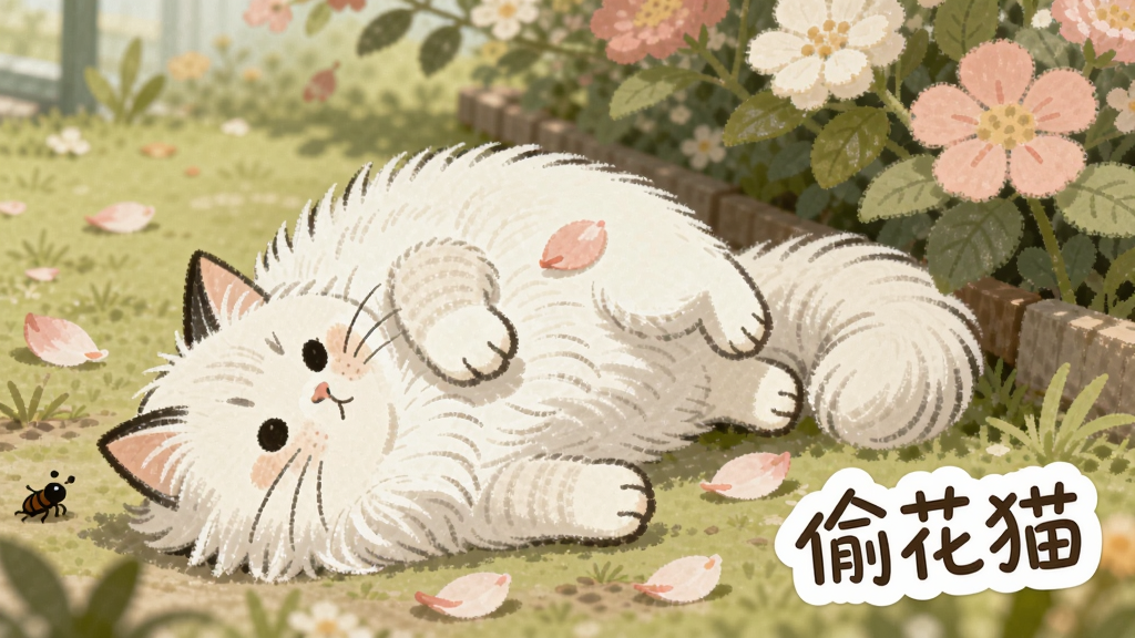 主体:一只白色长毛猫在花园里打滚,旁边散落几朵粉色花瓣,布局为三分法构图,猫咪位于左下角,右上角是花丛,排版在画面右下角显示“偷花猫”三个字的小贴纸,风格为治愈系手绘,细节包括猫咪的毛发纹理、花瓣的层次、地面上的小虫子,画质细腻柔和,干净无杂物。
