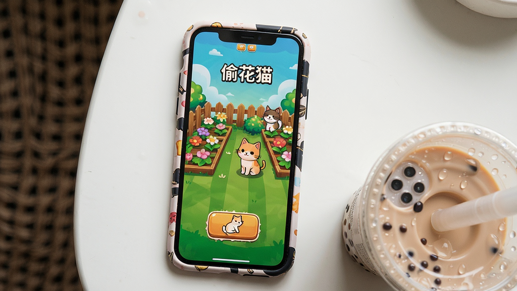 主体:玩家手机屏幕显示游戏主界面,界面中有花园、猫咪和任务按钮,旁边放着一杯奶茶,布局为俯拍视角,手机在画面中央,奶茶在右下角,排版在手机屏幕上方显示“偷花猫”字样,风格为生活化摄影,细节包括手机壳的图案、奶茶杯上的水珠、屏幕内的游戏画面,画质清晰干净,无多余元素。