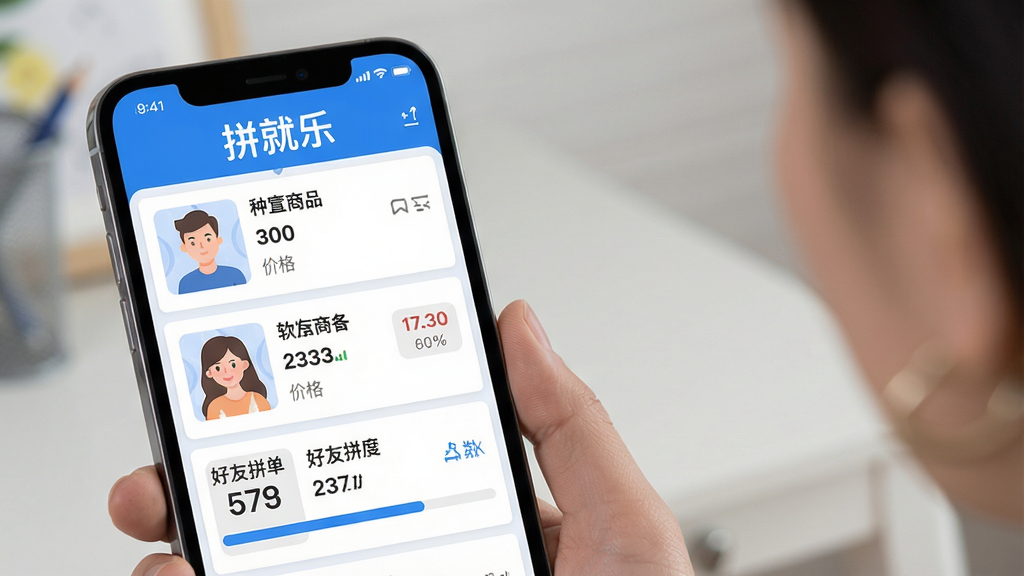 拼就乐软件主界面预览图,展示手机屏幕中拼团商品列表、价格对比和好友拼单进度条,布局简洁明快,采用蓝白主色调,扁平化设计风格,界面干净无多余元素,高画质渲染,突出软件名称“拼就乐”字样