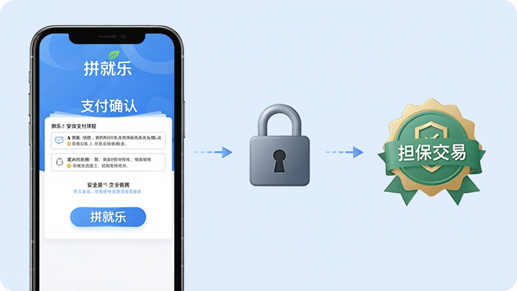 拼就乐安全支付流程示意图,展示手机屏幕中支付确认页面、安全锁图标和“担保交易”徽章,背景淡蓝色,界面简洁专业,突出“拼就乐”品牌,画质清晰,无多余元素