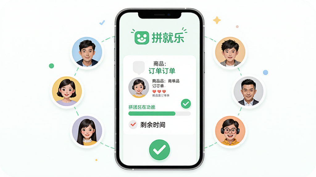 拼就乐智能匹配功能示意图,展示手机屏幕上多个用户头像围绕一个商品订单,并显示拼团进度条和剩余时间,配以绿色对勾图标,整体风格清新活泼,突出“拼就乐”品牌标识,画面干净整洁,无多余元素