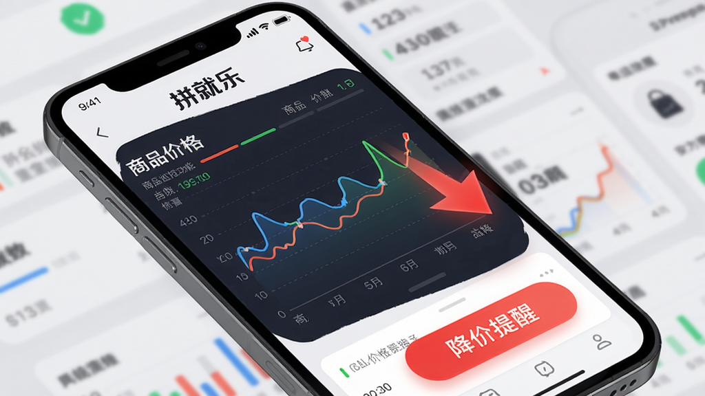 拼就乐价格监控功能展示图,手机屏幕显示商品价格曲线图,并有一个红色价格下降箭头和“降价提醒”按钮,背景为浅灰色,界面数据可视化清晰,突出“拼就乐”品牌,画质高清,无多余元素
