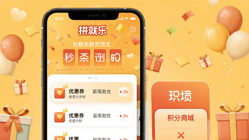 拼就乐社群活动页面预览,展示手机界面中的秒杀倒计时、优惠券列表和积分商城入口,背景暖黄色,装饰气球和礼物图标,整体喜庆活泼,突出“拼就乐”品牌,画质干净,无多余元素