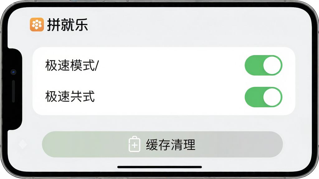 拼就乐手机操作界面截图,展示设置菜单中的极速模式开关和缓存清理按钮,背景为浅色系,界面整洁,突出“拼就乐”品牌,画质高清,无多余元素