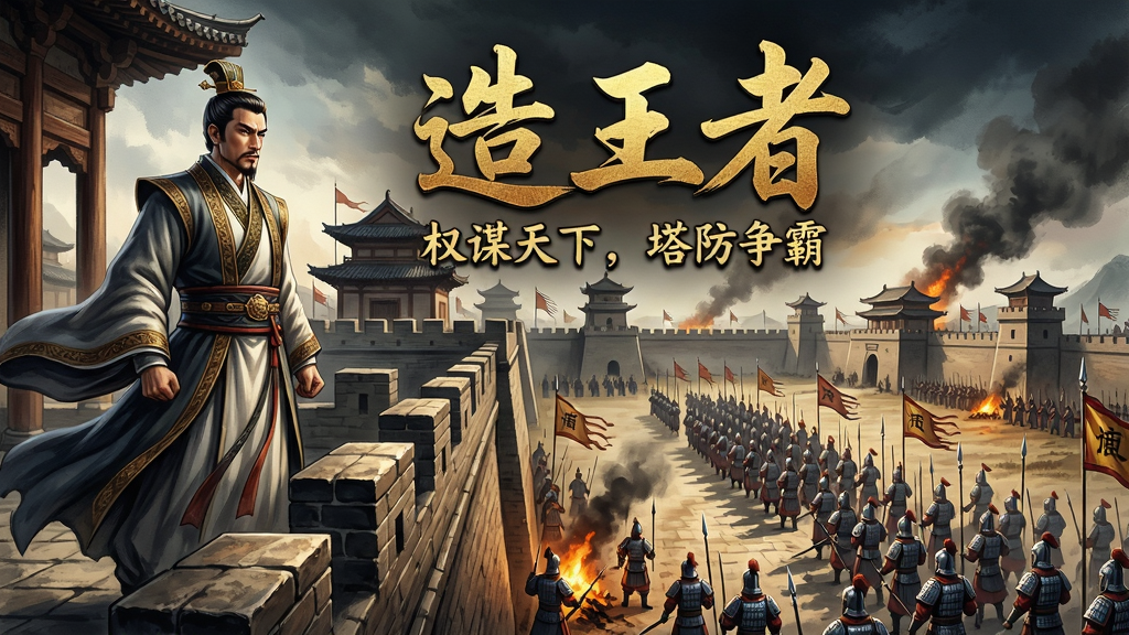 主体:一位身着古装谋士服饰的男性角色,站在宏伟的古代城楼之上,俯瞰下方排列整齐的士兵方阵和防御塔。布局:人物位于画面左侧三分之一处,右侧为宽阔的战场远景,城楼下方有敌军进攻的烽火。排版:画面中央上方有金色书法字体的游戏名称“造王者”,下方有副标题“权谋天下,塔防争霸”。风格:写实国风水墨画风,色彩浓郁,光影对比强烈,突出权谋与战争氛围。细节:人物衣袍飘动,眼神坚定,城池砖石纹理清晰,士兵盔甲反光,远处有硝烟。画质:8K超高清,细节丰富,干净无多余元素。