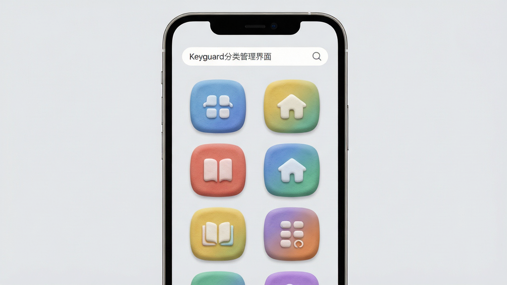 Keyguard分类管理界面,手机屏幕显示彩色分类图标与搜索栏,风格简约清新,图标圆润有质感,背景浅灰色,布局规整,画质清晰,干净,无多余元素