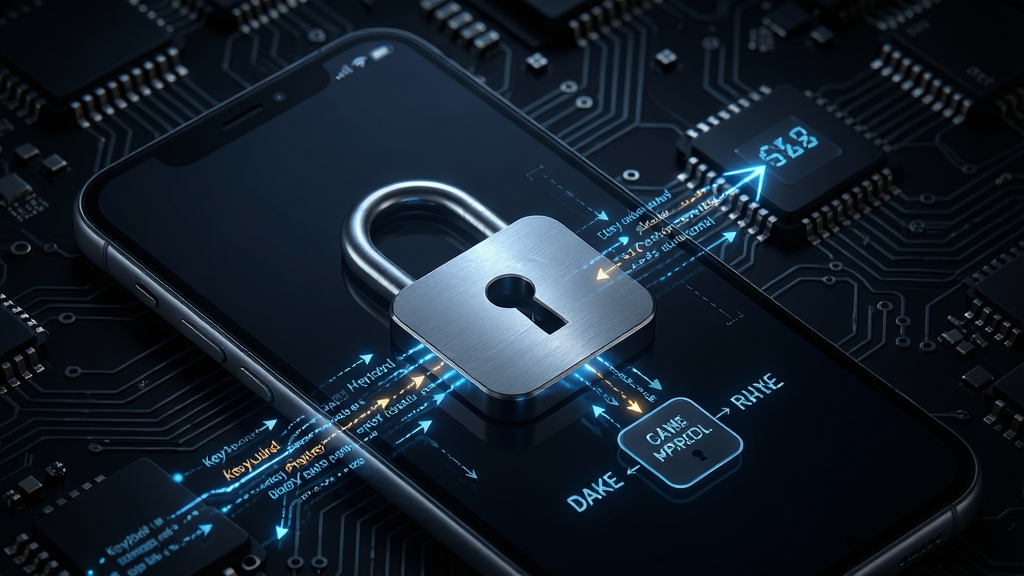 Keyguard加密过程示意图,手机屏幕显示加密锁与数据流,背景为暗色电路板纹理,风格科技感,细节丰富,画质清晰,干净,无多余元素
