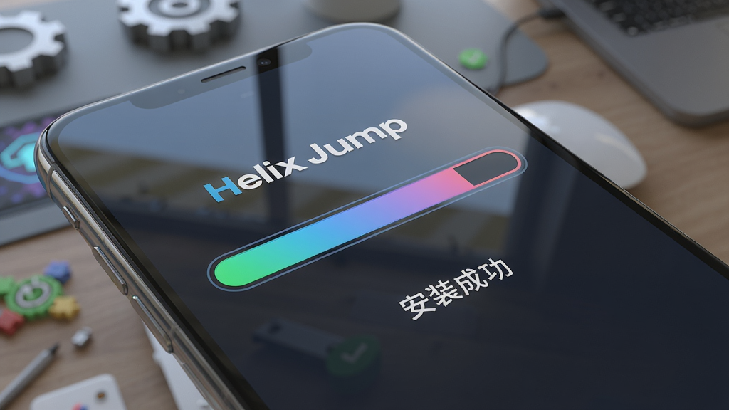 主体:Helix Jump安装器在手机上运行,界面显示安装进度条与“安装成功”提示。布局:手机屏幕特写,背景为桌面。排版:界面清晰,进度条醒目。风格:写实与3D结合。细节:手机屏幕反光,进度条颜色渐变。画质:高清,干净,无多余元素。