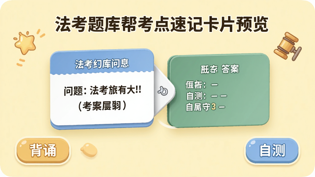 法考题库帮考点速记卡片预览图,画面中央展示一张法考知识点卡片,正面为问题,背面为答案,卡片可翻转效果,周围有“背诵”“自测”按钮,背景为淡黄色,卡通风格,高清画质,干净无多余元素