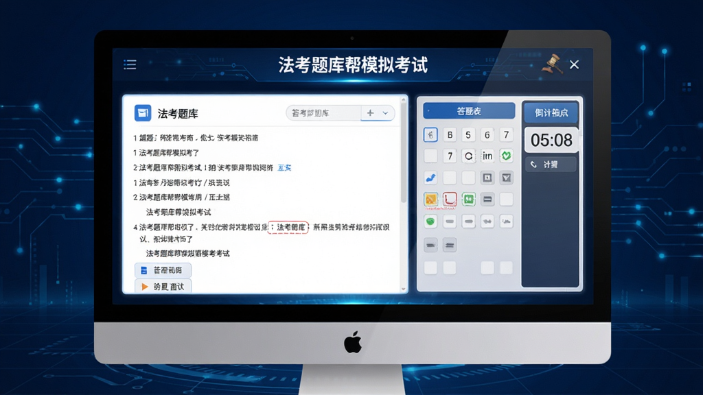 法考题库帮模拟考试界面预览图,画面为电脑屏幕上的答题页面,左侧是题目,右侧有答题卡和倒计时,顶部显示“法考题库帮模拟考试”,背景为深蓝色,科技感风格,高清画质,干净无多余元素