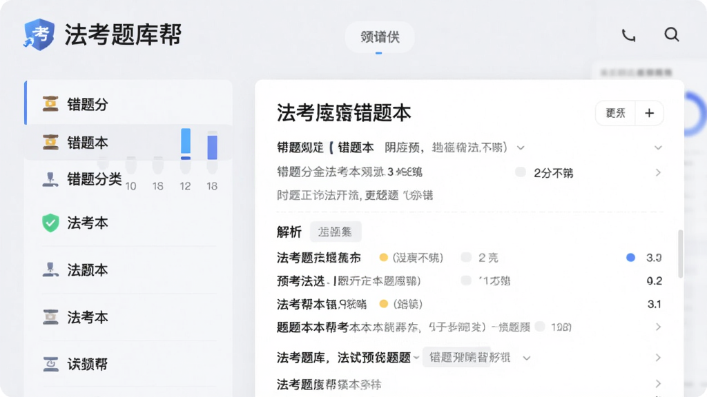 法考题库帮错题本功能预览图,画面左侧为错题分类列表,右侧展示一道错题及解析,顶部有“法考题库帮”标识,背景为浅灰色,突出数据显示,风格简约商务,高清画质,干净无多余元素