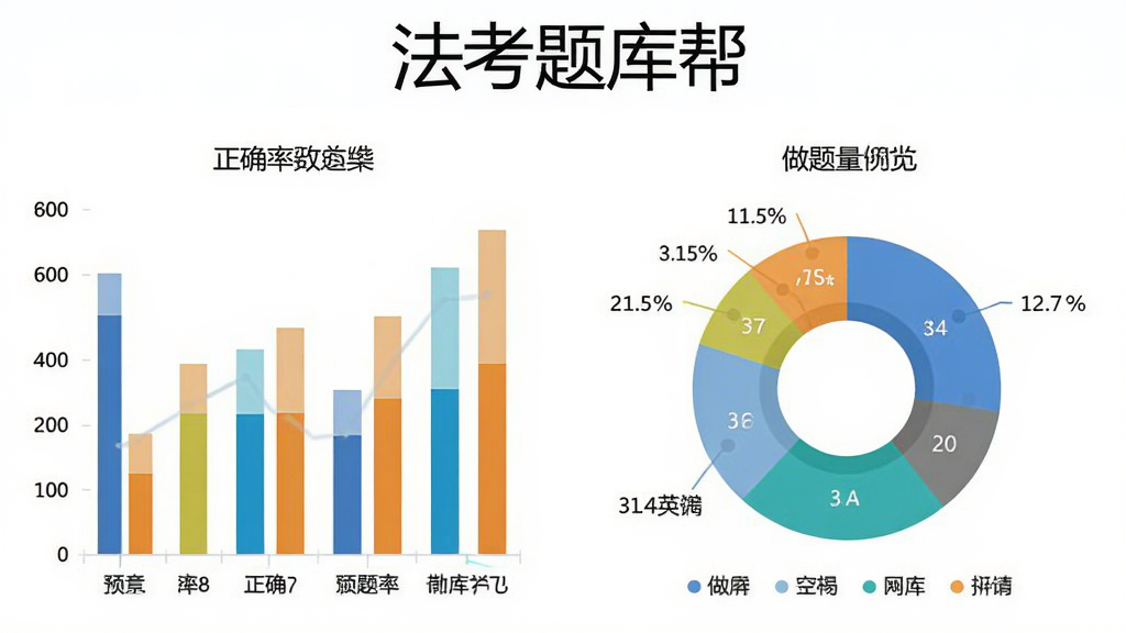 法考题库帮学习数据统计预览图,画面展示柱状图和饼状图,显示正确率、做题量等数据,顶部有“法考题库帮”字样,背景为白色,图表色彩丰富,简洁清晰,高清画质,干净无多余元素