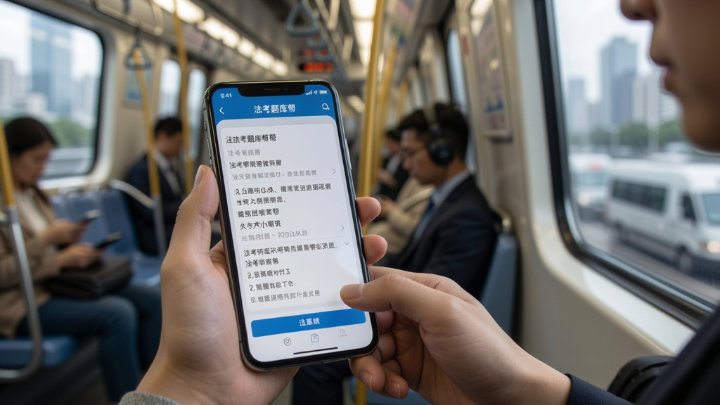 法考题库帮使用场景预览图,画面展示用户在地铁上使用手机刷题,手机屏幕显示法考题库帮答题界面,背景为模糊的城市通勤场景,自然光,真实摄影风格,高清画质,干净无多余元素
