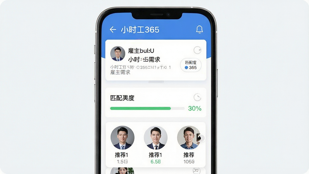 一张展示小时工365智能匹配功能的界面截图,主体为手机屏幕,屏幕内显示“小时工365”的匹配结果页面,上方有雇主需求卡片,下方有匹配度百分比与推荐工人头像列表,布局左右分明,排版整洁,风格清新,细节清晰,画质干净,无多余元素