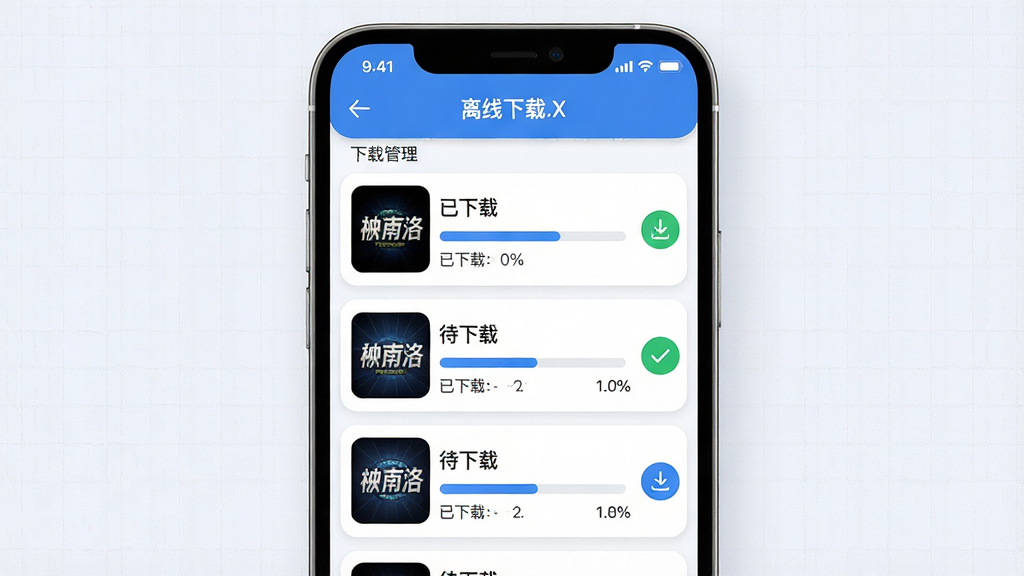 主体:Podcini.X 离线下载页面,显示多个节目正在下载,进度条清晰可见,并标注“已下载”与“待下载”状态。布局:手机竖屏,顶部为下载管理栏,下方为节目列表,每个节目右侧有下载图标。排版:列表式布局,进度条与百分比数字对齐。风格:清爽简洁,蓝白配色,界面元素圆润。细节:下载完成的节目打上绿色对勾,背景有轻微的网格纹理。画质:高清,干净,无多余元素。