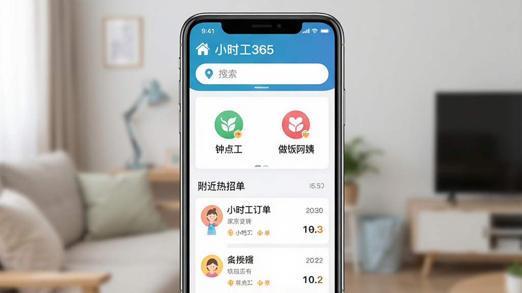 一张展示小时工365应用界面的高清截图,主体为智能手机屏幕,屏幕内显示“小时工365”APP首页,顶部有定位与搜索栏,中部是家政保洁、钟点工、做饭阿姨等分类图标,下方是附近热招订单列表,布局清晰,排版整齐,风格简约现代,细节丰富,画质干净,无多余元素