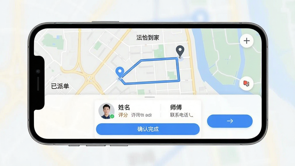 主体:智能手机展示“怡到家”APP的订单详情页面。布局:手机横屏展示在画面中央,屏幕内容为订单状态(已派单)及师傅的实时位置地图。排版:地图占据屏幕上半部分,下方是师傅信息卡片(头像、姓名、评分、联系电话)。风格:界面清爽,地图为浅色模式。细节:屏幕上有明显的蓝色“确认完成”按钮,地图上显示从师傅位置到用户位置的行车路线。画质:细腻逼真,干净,无多余元素。