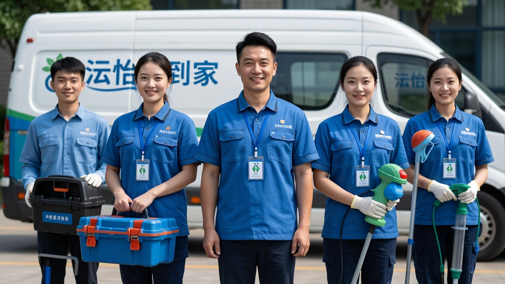 主体:怡到家平台的专业服务人员团队。布局:画面中央是一排面带微笑、穿着统一蓝色工作服、佩戴工作证的服务人员,身后是印有“怡到家”LOGO的服务车辆。排版:服务人员呈一字排开,视觉重心居中。风格:写实摄影风格,光线明亮自然。细节:每位服务人员手中拿着工具箱或清洁设备,展现出专业与自信。画质:高分辨率,人物细节丰富,干净,无多余元素。