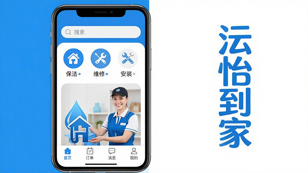 主体:一款名为“怡到家”的APP界面展示,手机屏幕占据画面中心。布局:手机位于画面中央偏左,右侧留白处放置APP名称“怡到家”的竖排艺术字。排版:界面清晰展示底部导航栏图标(首页、订单、消息、我的),首页上方为搜索框,中间为圆形图标服务分类(保洁、维修、安装等)。风格:现代扁平化设计风格,色彩明快,以蓝色和白色为主色调。细节:APP图标是水滴与房屋结合的轮廓,屏幕内展示服务人员着统一制服微笑服务的图片。画质:高清渲染,干净,无多余元素。