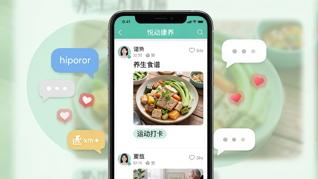 画面主体为“悦动康养”应用的社区交流页面,屏幕显示用户发布的图文动态,包含“养生食谱”“运动打卡”等标签。布局采用手机屏幕居中展示,周围搭配聊天气泡和爱心图标。排版错落有致,风格清新活泼,细节包括用户头像和点赞数,画质高清,干净无多余元素。