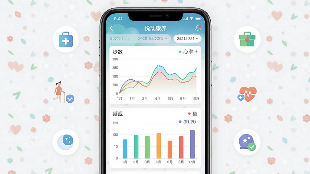 画面主体为“悦动康养”应用的健康数据界面截图,屏幕显示彩色折线图与柱状图,分别标注“步数”“心率”“睡眠”等数据模块。布局采用手机屏幕居中展示,周围搭配简洁的图标元素。排版清晰有序,风格现代简洁,细节包括数据标签和日期选项,画质高清,干净无多余元素。