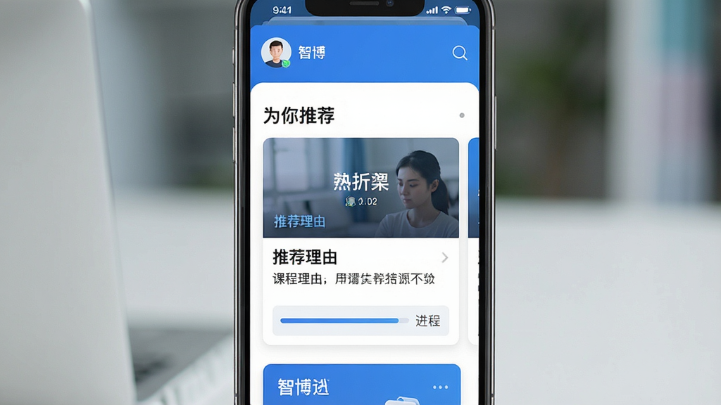 一张智博在线App的智能推荐功能界面截图,主体为手机界面,中央展示“为你推荐”课程卡片,卡片上标注课程名称和推荐理由,整体排版整齐,配色以蓝白为主,风格简约现代,细节包括用户头像和进度条,画质高清干净,无多余元素