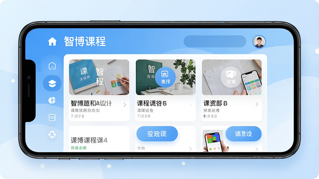 一张展示智博在线App在智能手机上运行的界面预览图,主体为手机屏幕特写,屏幕中清晰显示课程列表和导航栏,布局简洁明快,背景为淡蓝色渐变,风格现代清新,细节上突出应用图标和功能按钮,画质高清干净,无多余元素
