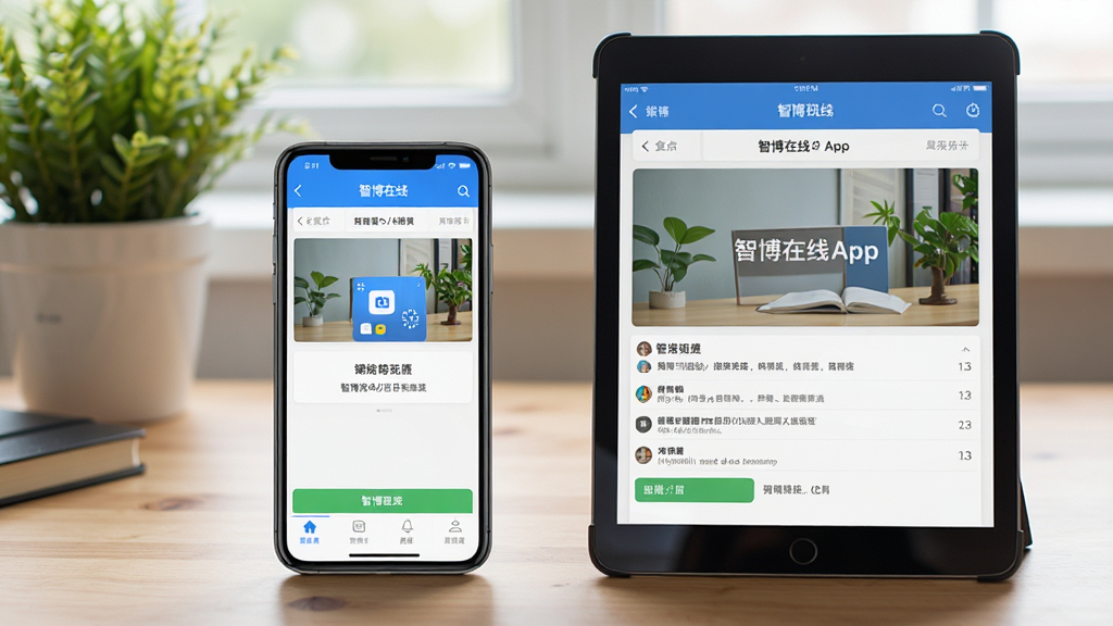 一张展示智博在线App在手机和平板设备上同步使用的场景图,主体为两部设备并排摆放,屏幕中显示相同课程界面,背景为书桌和绿植,布局自然,风格写实,细节包括设备边框和屏幕反光,画质高清干净,无多余元素