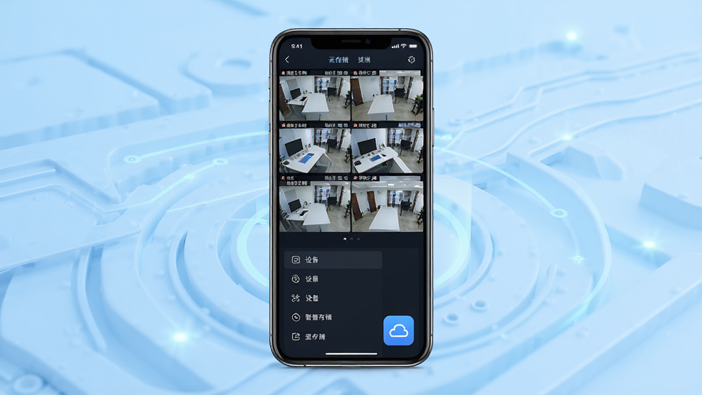 妙连智控系统主界面展示,智能手机屏幕中显示多个监控画面网格,底部有设备列表和云存储图标,背景为浅蓝色科技感渐变,布局居中,风格简洁现代,细节清晰,画质干净,无多余元素