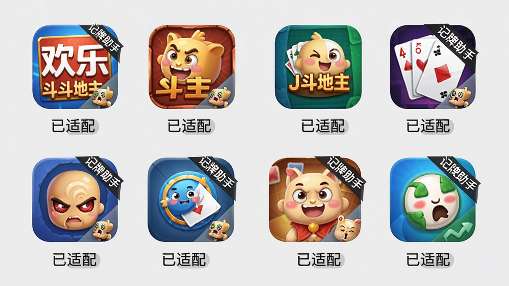 主体:记牌助手在多个棋牌游戏平台上的适配展示,如欢乐斗地主、JJ斗地主等;布局:横向排列多个游戏图标,每个图标下方标注“已适配”;排版:图标整齐排列,背景为浅灰色;风格:简约商务风;细节:每个图标清晰,有“记牌助手”角标;画质:高清,干净无多余元素。